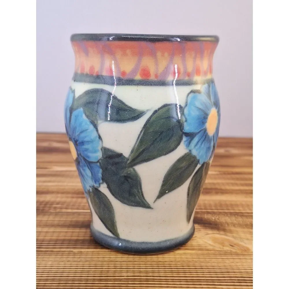Vintage Ceramic Floral‎ Small Flower Vase Glazed Blue Red Green 4.25